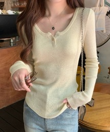 ヘンリーネックリブニットトップス