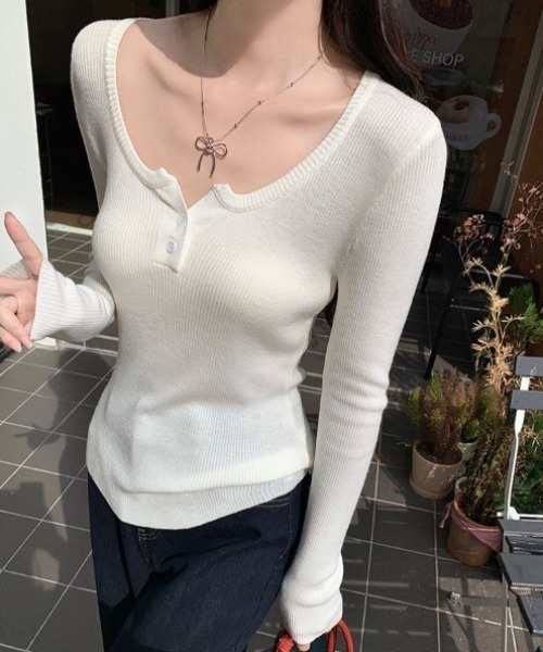 yuue' ( wear )(ユーイ)の「ヘンリーネックリブニットトップス(ニット/セーター・レディース・アイボリー/ブラック/グレー/ホワイト・FREE)」の9枚目の写真