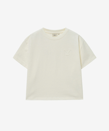 ウィメンズクロップアプリケ半袖Tシャツ_アイボリー