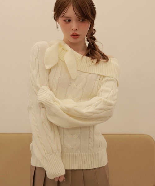 M DOLLY(エムドリー)の「ribbon cable fiora knit tops/リボンケーブルフィオラニットトップス(ニット/セーター・レディース・ベージュ/ピンク/ブラック/アイボリー/グレー・FREE)」の7枚目の写真