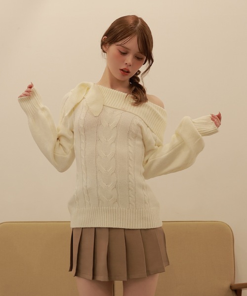 M DOLLY(エムドリー)の「ribbon cable fiora knit tops/リボンケーブルフィオラニットトップス(ニット/セーター・レディース・ベージュ/ピンク/ブラック/アイボリー/グレー・FREE)」の8枚目の写真