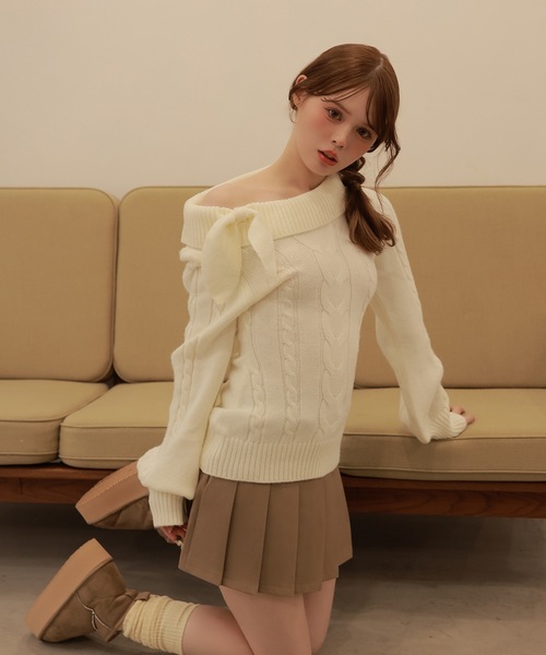 M DOLLY(エムドリー)の「ribbon cable fiora knit tops/リボンケーブルフィオラニットトップス(ニット/セーター・レディース・ベージュ/ピンク/ブラック/アイボリー/グレー・FREE)」の10枚目の写真
