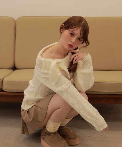 M DOLLY(エムドリー)の「ribbon cable fiora knit tops/リボンケーブルフィオラニットトップス(ニット/セーター・レディース・ベージュ/ピンク/ブラック/アイボリー/グレー・FREE)」の11枚目の写真