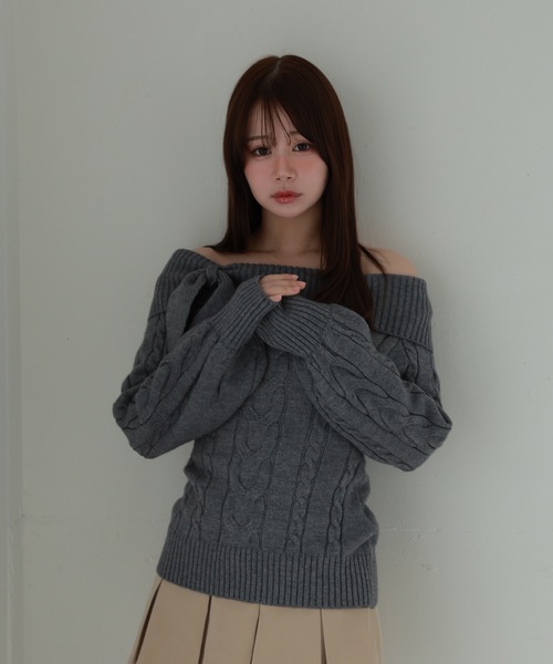 M DOLLY(エムドリー)の「ribbon cable fiora knit tops/リボンケーブルフィオラニットトップス(ニット/セーター・レディース・ベージュ/ピンク/ブラック/アイボリー/グレー・FREE)」の17枚目の写真