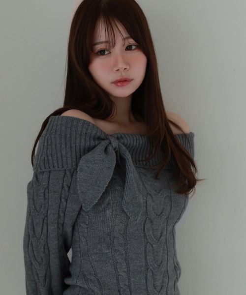M DOLLY(エムドリー)の「ribbon cable fiora knit tops/リボンケーブルフィオラニットトップス(ニット/セーター・レディース・ベージュ/ピンク/ブラック/アイボリー/グレー・FREE)」の18枚目の写真