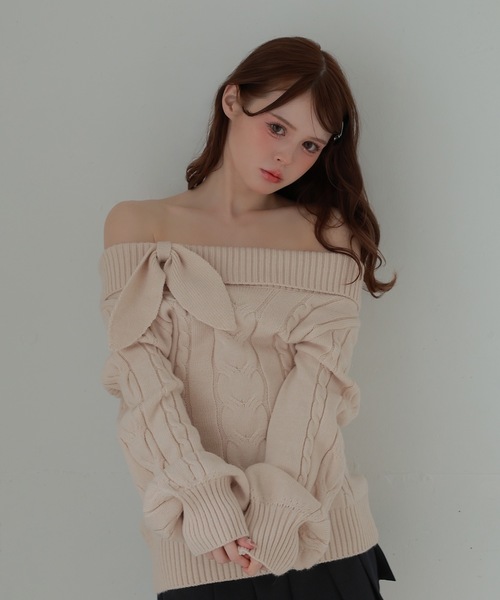 M DOLLY(エムドリー)の「ribbon cable fiora knit tops/リボンケーブルフィオラニットトップス(ニット/セーター・レディース・ベージュ/ピンク/ブラック/アイボリー/グレー・FREE)」の21枚目の写真