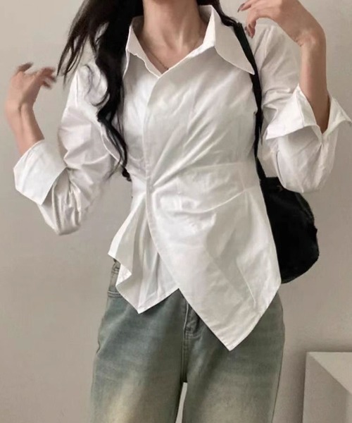 SHEPP（シープ）の「【26年春新作】カシュクールデザイン アシンメトリーヘムブラウス（シャツ/ブラウス・レディース・ブルー/ホワイト・L/M）」の16枚目の写真