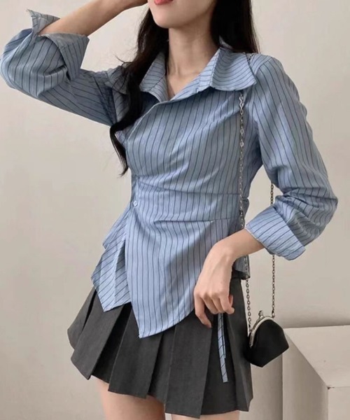 SHEPP（シープ）の「【26年春新作】カシュクールデザイン アシンメトリーヘムブラウス（シャツ/ブラウス・レディース・ブルー/ホワイト・L/M）」の12枚目の写真