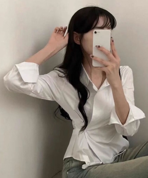 SHEPP（シープ）の「【26年春新作】カシュクールデザイン アシンメトリーヘムブラウス（シャツ/ブラウス・レディース・ブルー/ホワイト・L/M）」の14枚目の写真