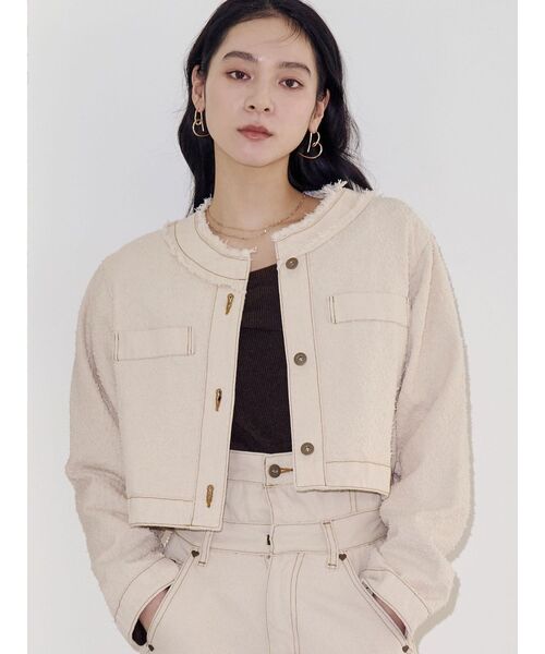 LAGUNAMOON(ラグナムーン)の「ツイードライクノーカラーデニムジャケット(デニムジャケット・レディース・アイボリー/ブラック/ブルー・FREE)」の2枚目の写真