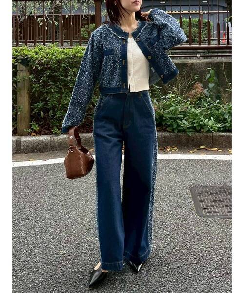 ツイードライクノーカラーデニムジャケット 【春服】【セットアップ