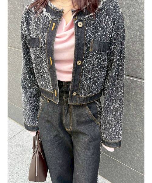 LAGUNAMOON(ラグナムーン)の「ツイードライクノーカラーデニムジャケット(デニムジャケット・レディース・アイボリー/ブラック/ブルー・FREE)」の9枚目の写真