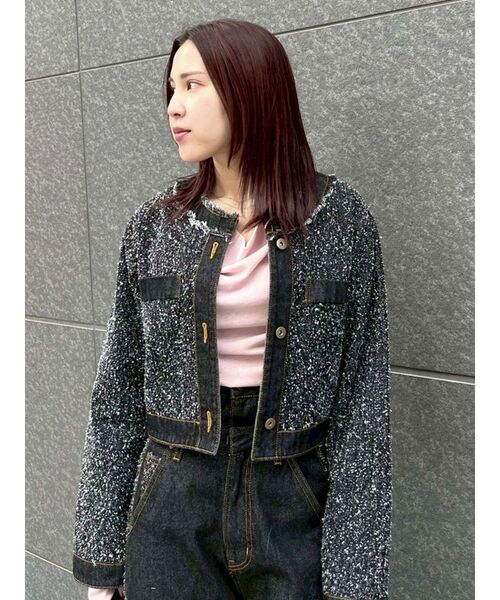 LAGUNAMOON(ラグナムーン)の「ツイードライクノーカラーデニムジャケット(デニムジャケット・レディース・アイボリー/ブラック/ブルー・FREE)」の11枚目の写真