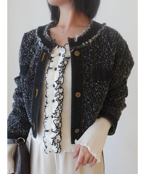 新品タグ付き ツイードライクノーカラーデニムジャケット セール】ツイードライクノーカラーデニムジャケット 【春服