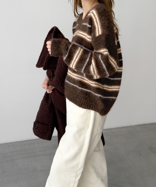 CANAL JEAN(キャナルジーン)の「El mar Vネックボーダーニット(ニット/セーター・レディース・ブラウン/ベージュ・ONE SIZE)」の3枚目の写真