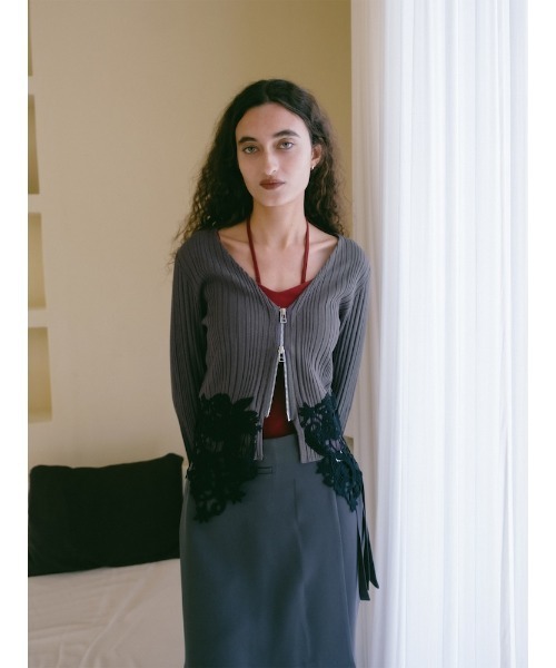 sahara（サハラ）の「Lace Hem Zip Cardigan/レースヘムジップカーディガン（カーディガン/ボレロ・レディース・ブラック/グレー/ホワイト・FREE）」の9枚目の写真