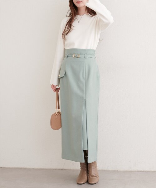 natural couture（ナチュラルクチュール）の「ベルト付きナロースカート（スカート・レディース・アイボリー/イエロー/ミント/ブラック・FREE）」の3枚目の写真