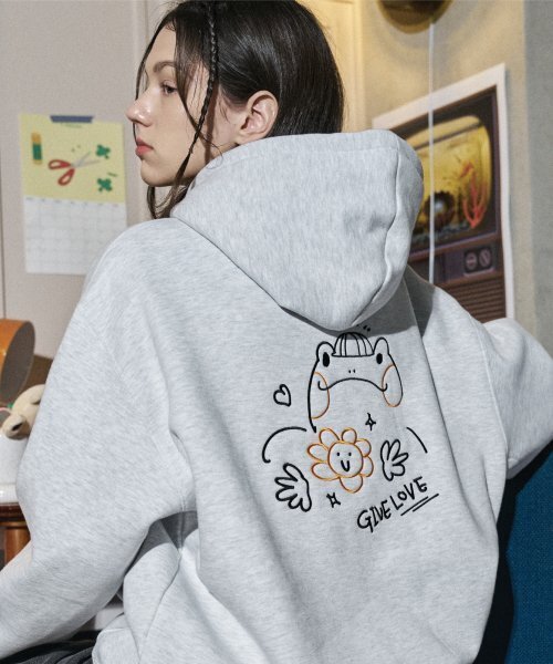 犬のポップ刺繍フードティーメランジホワイト