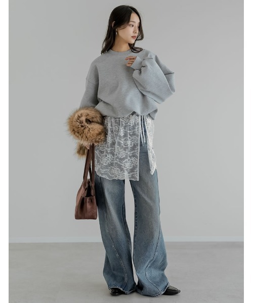 Re:EDIT（リエディ）の「[2026S/S COLLECTION][低身長/高身長サイズ有][2点セット]レース巻きスカート付きストレッチポンチワイドストレートパンツ（その他パンツ・レディース・ブラック/グレー系その他/ブラック系その他・SHORT/MEDIUM/TALL/LARGE）」の12枚目の写真