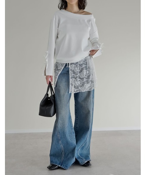 Re:EDIT（リエディ）の「[2026S/S COLLECTION][低身長/高身長サイズ有][2点セット]レース巻きスカート付きストレッチポンチワイドストレートパンツ（その他パンツ・レディース・ブラック/グレー系その他/ブラック系その他・SHORT/MEDIUM/TALL/LARGE）」の13枚目の写真