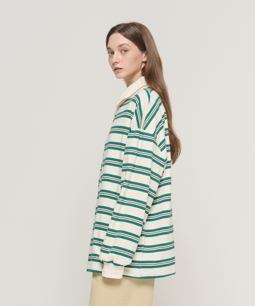 CARGOBROS FOR WOMAN（カーゴブロスフォーウィメン）の「ストライプルーズフィットダンガラカラーTシャツ（アイボリー）（Tシャツ/カットソー・レディース・その他・FREE）」の8枚目の写真