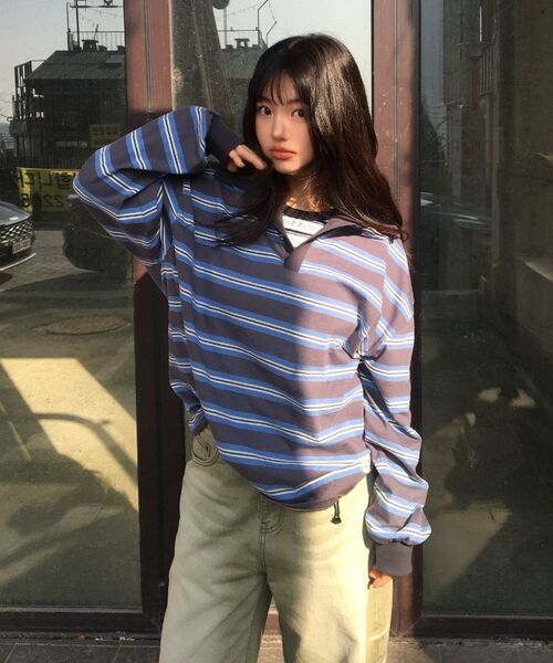 CARGOBROS FOR WOMAN（カーゴブロスフォーウィメン）の「ストライプルーズフィットダンガラカラーTシャツ（アイボリー）（Tシャツ/カットソー・レディース・その他・FREE）」の13枚目の写真