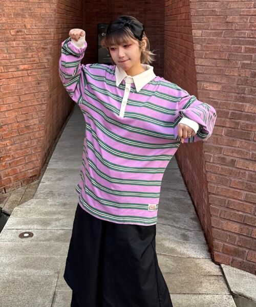 CARGOBROS FOR WOMAN（カーゴブロスフォーウィメン）の「ストライプルーズフィットダンガラカラーTシャツ（アイボリー）（Tシャツ/カットソー・レディース・その他・FREE）」の2枚目の写真