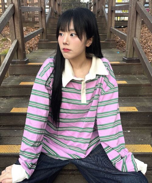 CARGOBROS FOR WOMAN（カーゴブロスフォーウィメン）の「ストライプルーズフィットダンガラカラーTシャツ（アイボリー）（Tシャツ/カットソー・レディース・その他・FREE）」の3枚目の写真