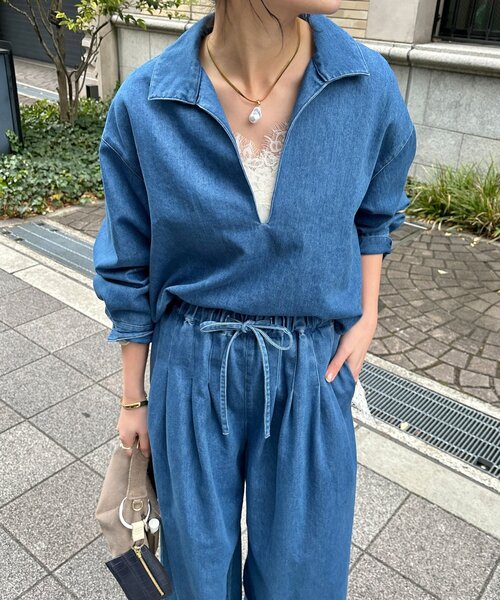 DouDou（ドゥドゥ）の「【インフルエンサーOKOCHI企画】スキッパーデニムシャツ（シャツ/ブラウス・レディース・ブルー・FREE）」の7枚目の写真