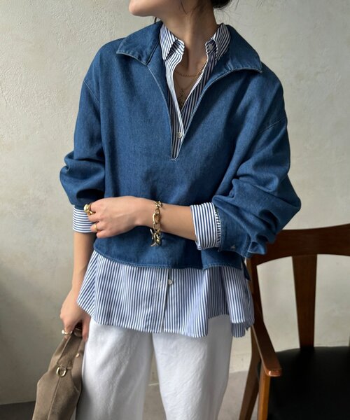 DouDou（ドゥドゥ）の「【インフルエンサーOKOCHI企画】スキッパーデニムシャツ（シャツ/ブラウス・レディース・ブルー・FREE）」の11枚目の写真