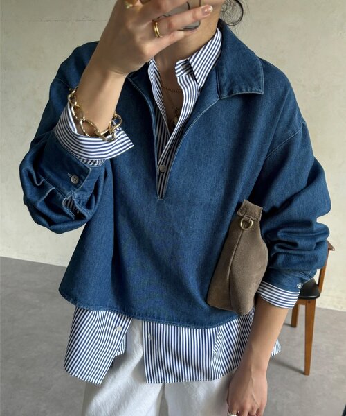 DouDou（ドゥドゥ）の「【インフルエンサーOKOCHI企画】スキッパーデニムシャツ（シャツ/ブラウス・レディース・ブルー・FREE）」の12枚目の写真