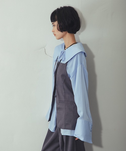 ANOTHER S（アナザーエス）の「ビッグカラーシアーシャツ（シャツ/ブラウス・レディース・ブラック/オフホワイト/ブルー・FREE）」の7枚目の写真