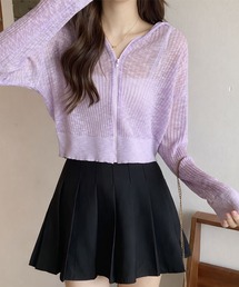 【EIZZ/アイズ】フロントジップ スリム リブトップス / シアーリブ ジップアップ クロップドパーカー