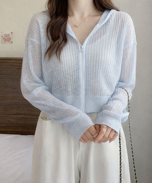 VIBGYOR(ヴィブジョー)の「【EIZZ/アイズ】フロントジップ スリム リブトップス / シアーリブ ジップアップ クロップドパーカー(パーカー・レディース・ホワイト/ライトブルー/パープル/イエロー/ライトグリーン・FREE)」の4枚目の写真