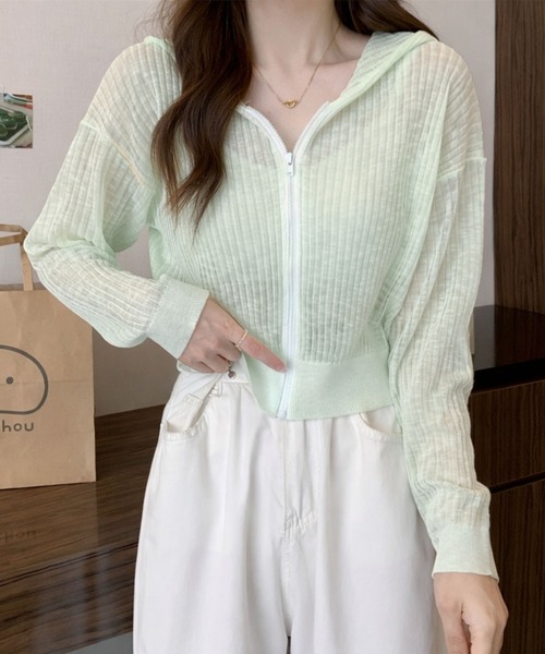 VIBGYOR(ヴィブジョー)の「【EIZZ/アイズ】フロントジップ スリム リブトップス / シアーリブ ジップアップ クロップドパーカー(パーカー・レディース・ホワイト/ライトブルー/パープル/イエロー/ライトグリーン・FREE)」の19枚目の写真