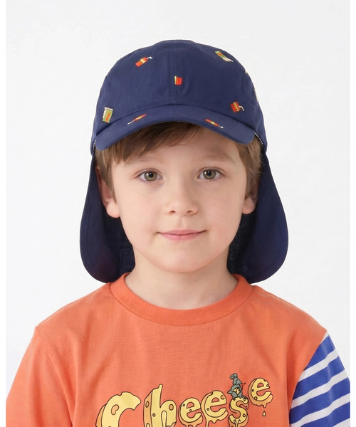 HAKKA KIDS（ハッカキッズ）の「フルーツ刺繍／ハンバーガー刺繍日よけ付きキャップ（キャップ・キッズ・ピンク/キナリ/ベージュ/ネイビー・L/M）」の3枚目の写真