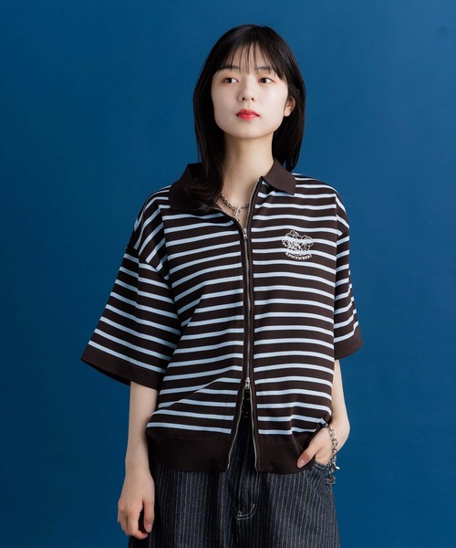 セール】半袖ボーダーサマージップニット / Short sleeve Border Zip