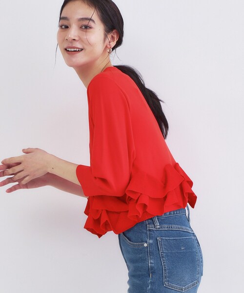 OPAQUE.CLIP(オペークドットクリップ)の「裾フリルヘンリーネックニット【洗濯機OK】(ニット/セーター・レディース・レッド系1/ブラック/アイボリー・00)」の12枚目の写真