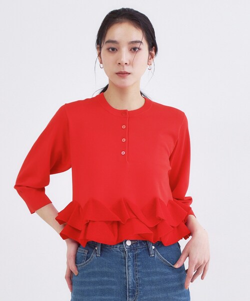 OPAQUE.CLIP(オペークドットクリップ)の「裾フリルヘンリーネックニット【洗濯機OK】(ニット/セーター・レディース・レッド系1/ブラック/アイボリー・00)」の16枚目の写真