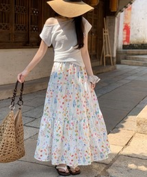 花柄ティアードロングスカート
