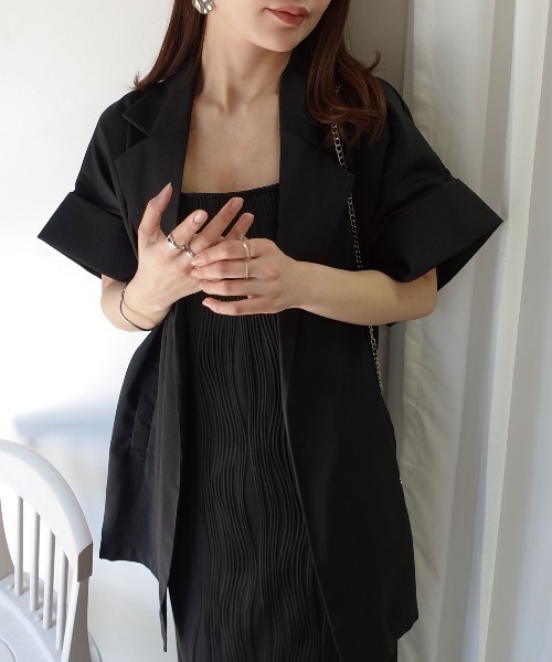 CORNERS(コーナーズ)の「ヴィンテージワッシャー半袖ジャケット【セットアップ可能】(テーラードジャケット・レディース・モカ/ブラック/アイボリー・M)」の2枚目の写真
