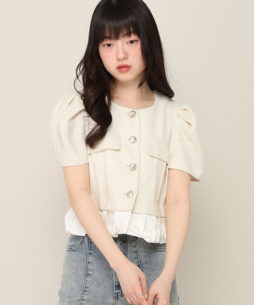 Heather(ヘザー)の「フリルヘムショートジャケット(半袖) 680021(ノーカラージャケット・レディース・アイボリー/ブラック・FREE)」の4枚目の写真