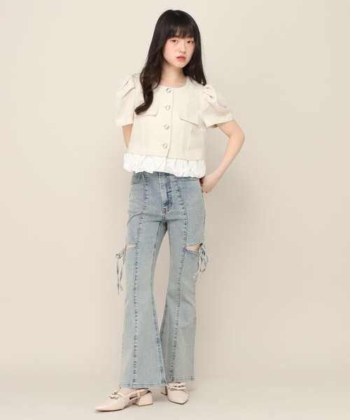 Heather(ヘザー)の「フリルヘムショートジャケット(半袖) 680021(ノーカラージャケット・レディース・アイボリー/ブラック・FREE)」の9枚目の写真