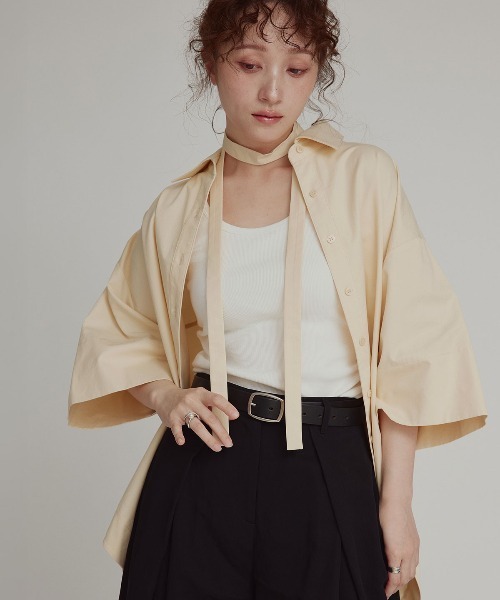 W:Huku(フーク)の「【W:Huku / スムースタッチコットン】ボウタイ ハーフ ブラウス / Smooth Touch Cotton Bow Tie Half Blouse(シャツ/ブラウス・レディース・ベージュ系その他/スカイブルー・FREE)」の2枚目の写真