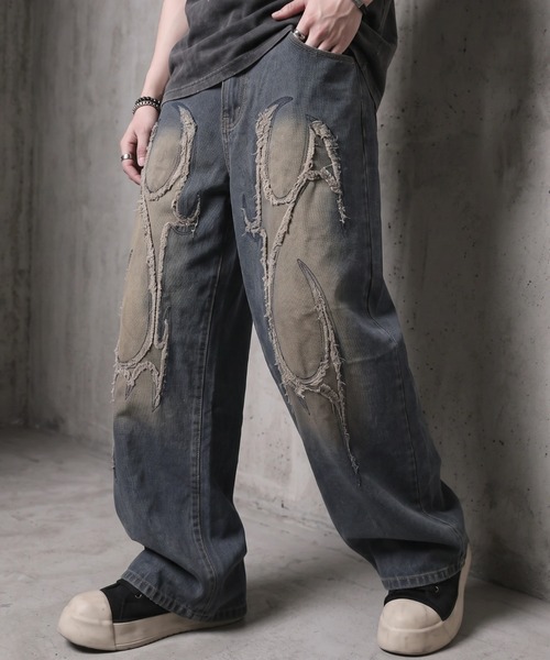 c-boy style 【NO.9】 総柄 アーガイル ニット デニムパンツ A'GEM/9 × .kom｜エージェムナインのデニムパンツ（ブルー・ネイビー