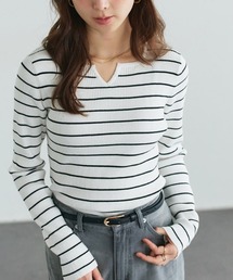 毛玉レス キーネックシンプルリブニット