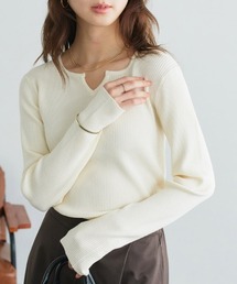 毛玉レス キーネックシンプルリブニット