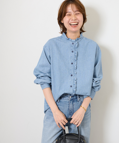 JOURNAL STANDARD relume（ジャーナルスタンダード　レリューム）の「《追加5》スタンドネックデニムフリルブラウス（シャツ/ブラウス・レディース・ブルー/ネイビー・FREE）」の2枚目の写真
