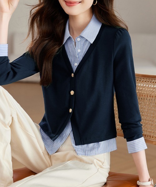 ONEP STAR（ワンピスター）の「ストライプ柄シャツドッキングトップス（ニット/セーター・レディース・ネイビー・MEDIUM/X-LARGE/LARGE）」の2枚目の写真
