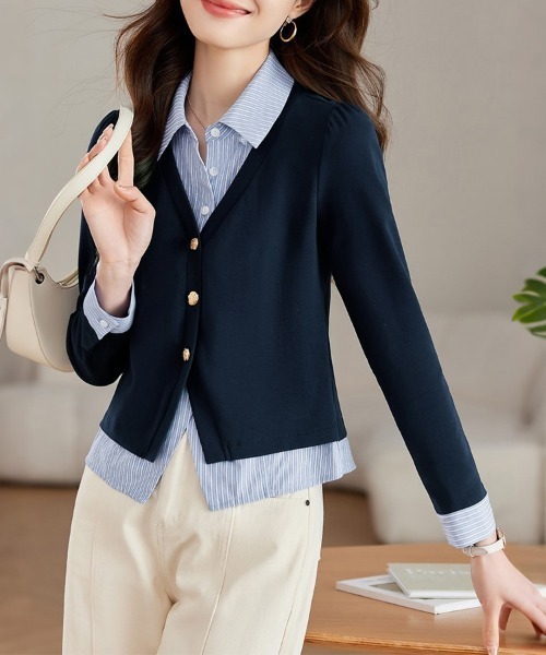 ONEP STAR（ワンピスター）の「ストライプ柄シャツドッキングトップス（ニット/セーター・レディース・ネイビー・MEDIUM/X-LARGE/LARGE）」の5枚目の写真